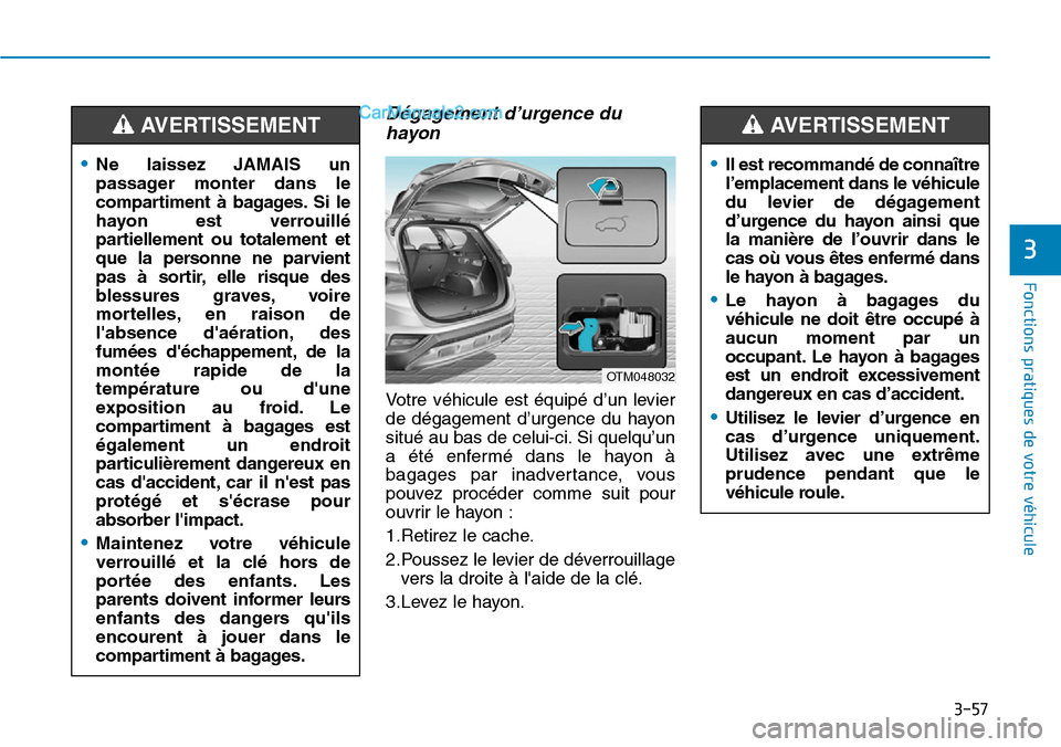 Hyundai Santa Fe 2019  Manuel du propriétaire (in French) 3-57
Fonctions pratiques de votre véhicule 
Dégagement d’urgence du
hayon
Votre véhicule est équipé d’un levier
de dégagement d’urgence du hayon
situé au bas de celui-ci. Si quelqu’un
a