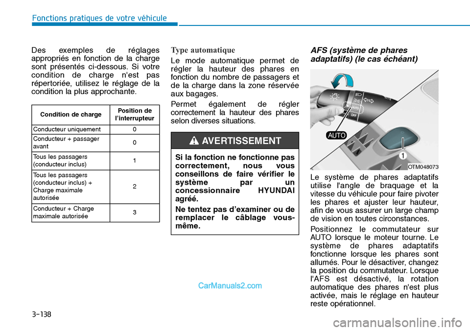 Hyundai Santa Fe 2019  Manuel du propriétaire (in French) 3-138
Des exemples de réglages
appropriés en fonction de la charge
sont présentés ci-dessous. Si votre
condition de charge nest pas
répertoriée, utilisez le réglage de la
condition la plus app