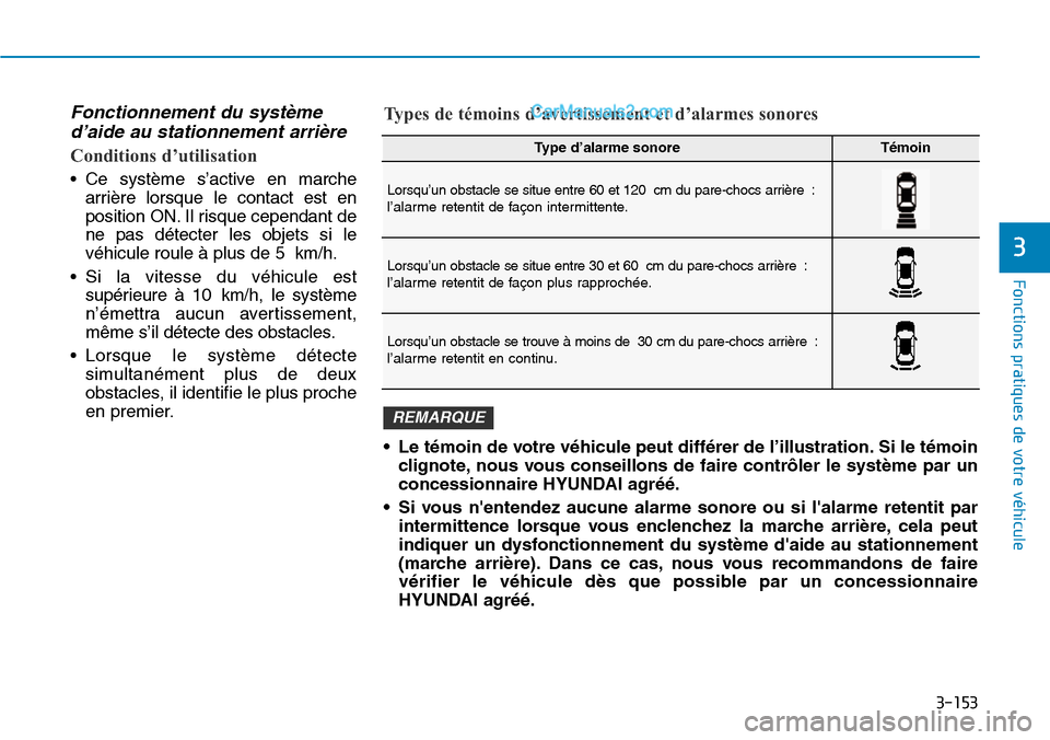 Hyundai Santa Fe 2019  Manuel du propriétaire (in French) 3-153
Fonctions pratiques de votre véhicule
3
Fonctionnement du système
d’aide au stationnement arrière
Conditions d’utilisation
• Ce système s’active en marche
arrière lorsque le contact