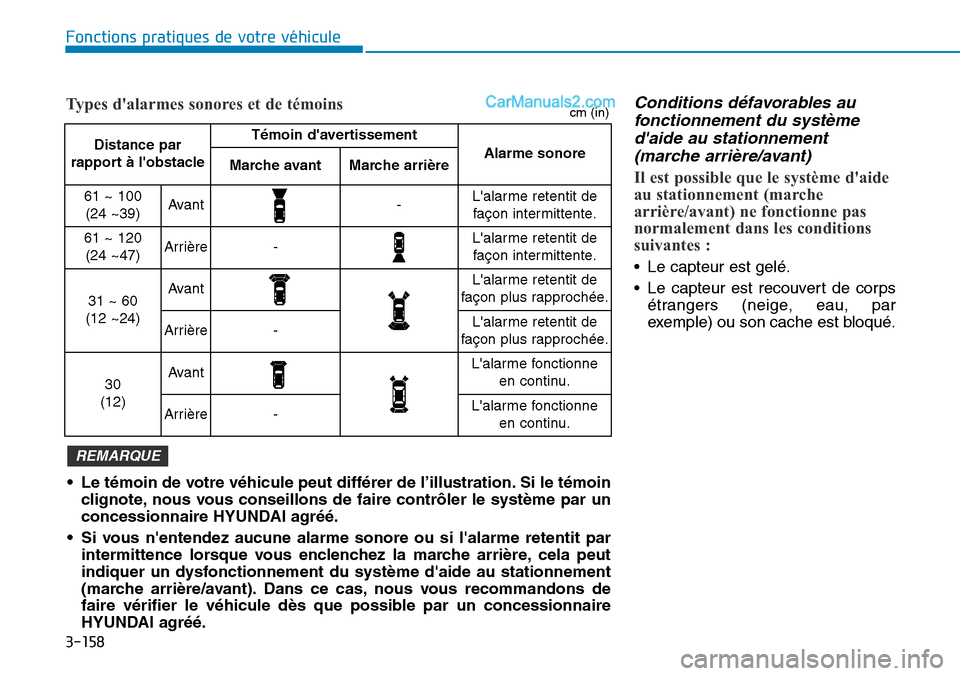 Hyundai Santa Fe 2019  Manuel du propriétaire (in French) 3-158
Fonctions pratiques de votre véhicule
Conditions défavorables au
fonctionnement du système
daide au stationnement
(marche arrière/avant)
Il est possible que le système daide
au stationnem