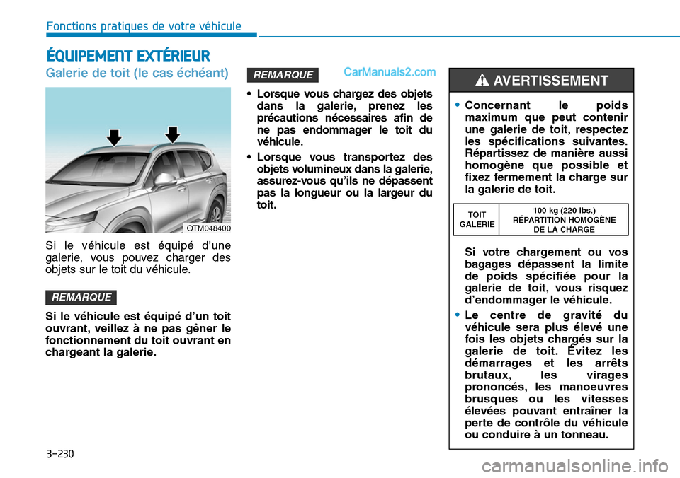 Hyundai Santa Fe 2019  Manuel du propriétaire (in French) 3-230
Fonctions pratiques de votre véhicule
Galerie de toit (le cas échéant)
Si le véhicule est équipé d’une
galerie, vous pouvez charger des
objets sur le toit du véhicule.
Si le véhicule e