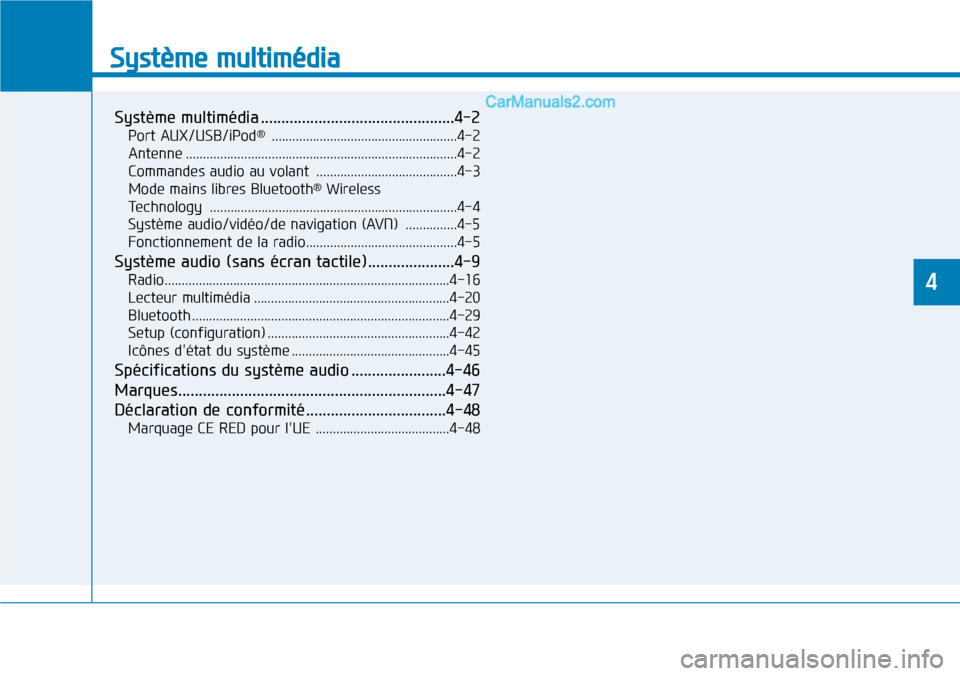 Hyundai Santa Fe 2019  Manuel du propriétaire (in French) Système multimédia 
Système multimédia ...............................................4-2
Port AUX/USB/iPod®......................................................4-2
Antenne .....................