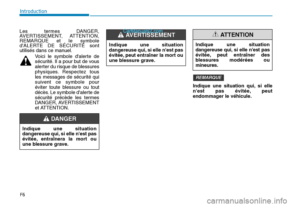 Hyundai Santa Fe 2019  Manuel du propriétaire (in French) F6
Introduction
Les termes DANGER,
AVERTISSEMENT, ATTENTION,
REMARQUE et le symbole
dALERTE DE SÉCURITÉ sont
utilisés dans ce manuel.
Voici le symbole dalerte de
sécurité. Il a pour but de vous