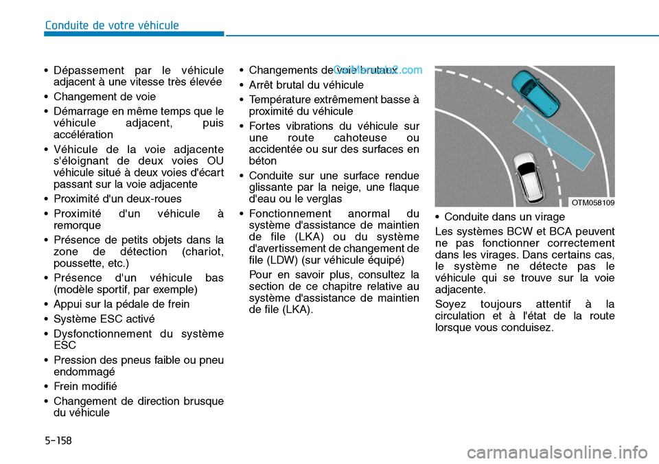 Hyundai Santa Fe 2019  Manuel du propriétaire (in French) 5-158
Conduite de votre véhicule
• Dépassement par le véhicule
adjacent à une vitesse très élevée
• Changement de voie
• Démarrage en même temps que le
véhicule adjacent, puis
accélé