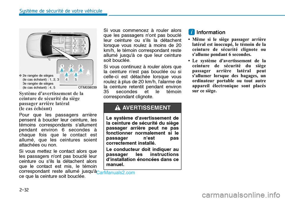 Hyundai Santa Fe 2019 Manuel du propriétaire (in French) 2-32
Système de sécurité de votre véhicule
Système davertissement de la
ceinture de sécurité du siège
passager arrière latéral
(le cas échéant)
Pour que les passagers arrière
pensent Hyundai Santa Fe 2019 Manuel du propriétaire (in French) 2-32
Système de sécurité de votre véhicule
Système davertissement de la
ceinture de sécurité du siège
passager arrière latéral
(le cas échéant)
Pour que les passagers arrière
pensent