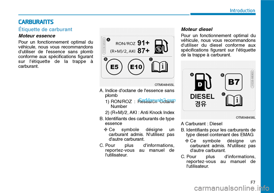 Hyundai Santa Fe 2019  Manuel du propriétaire (in French) F7
Introduction
Étiquette de carburant
Moteur essence
Pour un fonctionnement optimal du
véhicule, nous vous recommandons
dutiliser de lessence sans plomb
conforme aux spécifications figurant
sur 