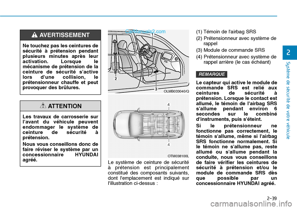 Hyundai Santa Fe 2019  Manuel du propriétaire (in French) 2-39
Système de sécurité de votre véhicule 
2
Le système de ceinture de sécurité 
à prétension est principalement
constitué des composants suivants,
dont lemplacement est indiqué sur
lill