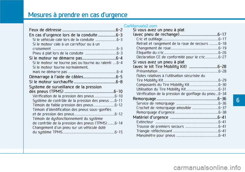 Hyundai Santa Fe 2019  Manuel du propriétaire (in French) Mesures à prendre en cas d’urgence 
Feux de détresse ...................................................6-2
En cas durgence lors de la conduite .................6-3
Si le véhicule cale lors de l