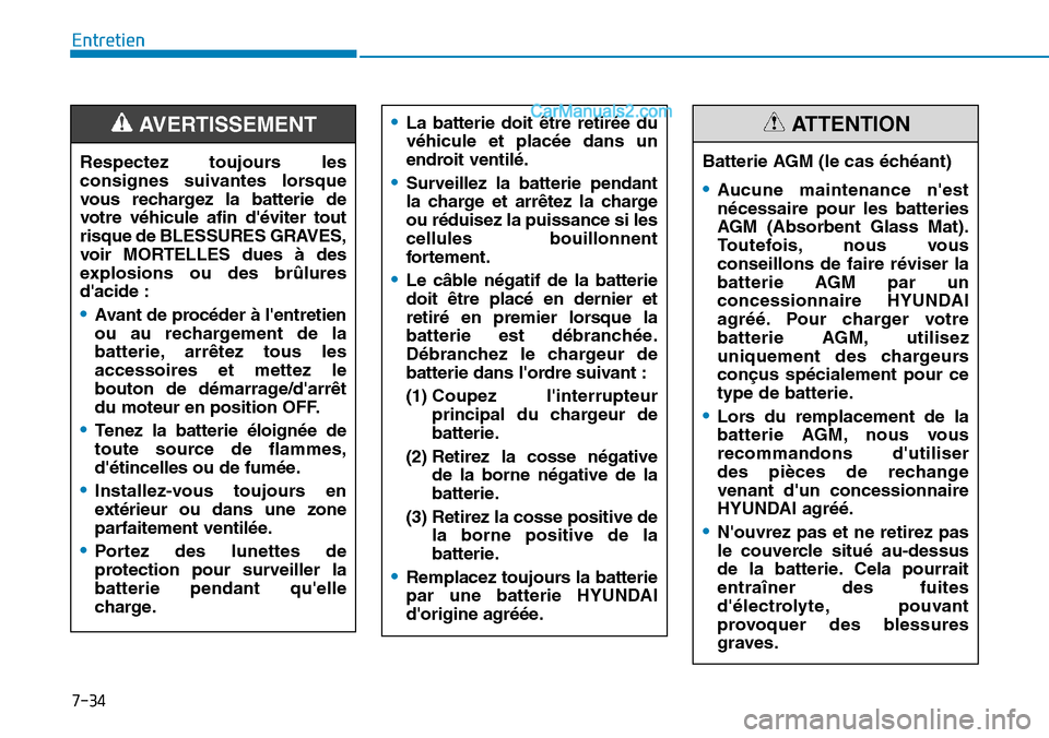 Hyundai Santa Fe 2019 Manuel du propriétaire (in French) 7-34
Entretien
Batterie AGM (le cas échéant)
•Aucune maintenance nest
nécessaire pour les batteries
AGM (Absorbent Glass Mat).
Toutefois, nous vous
conseillons de faire réviser la
batterie AGM Hyundai Santa Fe 2019 Manuel du propriétaire (in French) 7-34
Entretien
Batterie AGM (le cas échéant)
•Aucune maintenance nest
nécessaire pour les batteries
AGM (Absorbent Glass Mat).
Toutefois, nous vous
conseillons de faire réviser la
batterie AGM