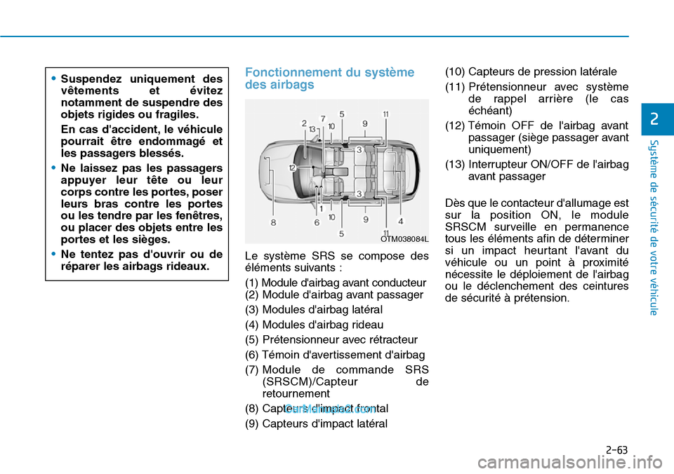 Hyundai Santa Fe 2019  Manuel du propriétaire (in French) 2-63
Système de sécurité de votre véhicule 
2
Fonctionnement du système
des airbags 
Le système SRS se compose des
éléments suivants :
(1) Module dairbag avant conducteur
(2) Module dairbag 