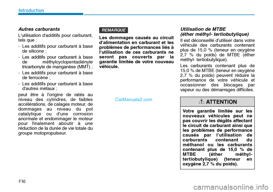 Hyundai Santa Fe 2019 Manuel du propriétaire (in French) F10
Introduction
Autres carburants
Lutilisation dadditifs pour carburant,
tels que :
- Les additifs pour carburant à base
de silicone ;
- Les additifs pour carburant à base
de méthylcyclopentadi Hyundai Santa Fe 2019 Manuel du propriétaire (in French) F10
Introduction
Autres carburants
Lutilisation dadditifs pour carburant,
tels que :
- Les additifs pour carburant à base
de silicone ;
- Les additifs pour carburant à base
de méthylcyclopentadi