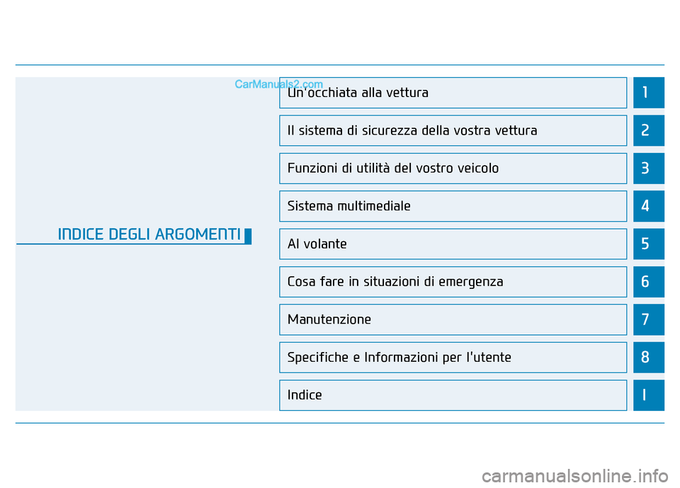 Hyundai Santa Fe 2019  Manuale del proprietario (in Italian) 1
2
3
4
5
6
7
8
I
Unocchiata alla vettura
Il sistema di sicurezza della vostra vettura
Funzioni di utilità del vostro veicolo
Sistema multimediale
Al volante
Cosa fare in situazioni di emergenza
Man