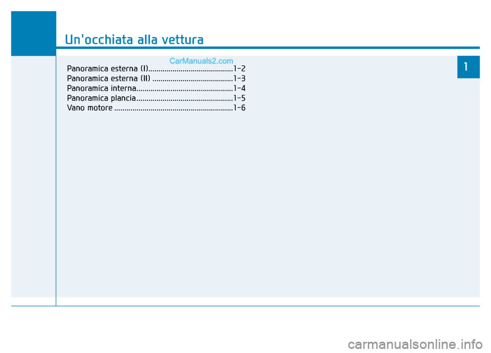 Hyundai Santa Fe 2019  Manuale del proprietario (in Italian) Unocchiata alla vettura
1
Unocchiata alla vettura
1Panoramica esterna (I)..........................................1-2
Panoramica esterna (II) ........................................1-3
Panoramica 