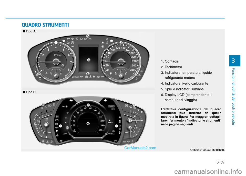 Hyundai Santa Fe 2019  Manuale del proprietario (in Italian) 3-69
Funzioni di utilità del vostro veicolo
QUADRO STRUMENTI
31. Contagiri 
2. Tachimetro
3. Indicatore temperatura liquidorefrigerante motore
4. Indicatore livello carburante
5. Spie e indicatori lu
