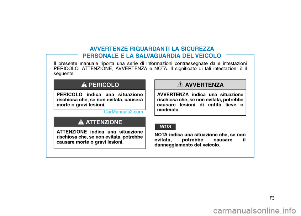 Hyundai Santa Fe 2019  Manuale del proprietario (in Italian) F3
Il presente manuale riporta una serie di informazioni contrassegnate dalle intestazioni
PERICOLO, ATTENZIONE, AVVERTENZA e NOTA. Il significato di tali intestazioni è il
seguente:
AVVERTENZE RIGUA