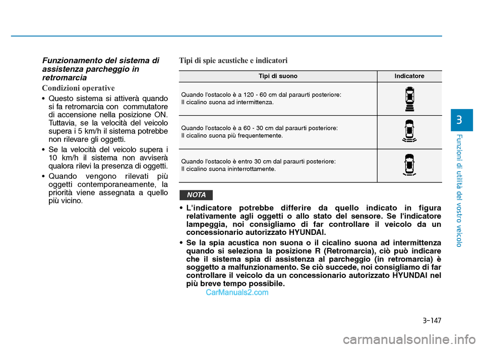 Hyundai Santa Fe 2019 Manuale del proprietario (in Italian) 3-147
Funzioni di utilità del vostro veicolo
3
Funzionamento del sistema diassistenza parcheggio inretromarcia
Condizioni operative
• Questo sistema si attiverà quando
si fa retromarcia con commu Hyundai Santa Fe 2019 Manuale del proprietario (in Italian) 3-147
Funzioni di utilità del vostro veicolo
3
Funzionamento del sistema diassistenza parcheggio inretromarcia
Condizioni operative
• Questo sistema si attiverà quando
si fa retromarcia con commu