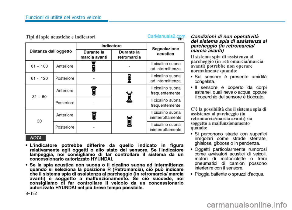 Hyundai Santa Fe 2019 Manuale del proprietario (in Italian) 3-152
Funzioni di utilità del vostro veicolo
Condizioni di non operativitàdel sistema spia di assistenza alparcheggio (in retromarcia/marcia avanti)
Il sistema spia di assistenza al
parcheggio (in r Hyundai Santa Fe 2019 Manuale del proprietario (in Italian) 3-152
Funzioni di utilità del vostro veicolo
Condizioni di non operativitàdel sistema spia di assistenza alparcheggio (in retromarcia/marcia avanti)
Il sistema spia di assistenza al
parcheggio (in r