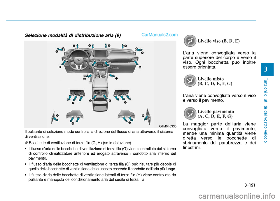 Hyundai Santa Fe 2019 Manuale del proprietario (in Italian) 3-191
Funzioni di utilità del vostro veicolo
3
Livello viso (B, D, E)
Laria viene convogliata verso la
parte superiore del corpo e verso il
viso. Ogni bocchetta può inoltre
essere orientata.
Livell Hyundai Santa Fe 2019 Manuale del proprietario (in Italian) 3-191
Funzioni di utilità del vostro veicolo
3
Livello viso (B, D, E)
Laria viene convogliata verso la
parte superiore del corpo e verso il
viso. Ogni bocchetta può inoltre
essere orientata.
Livell