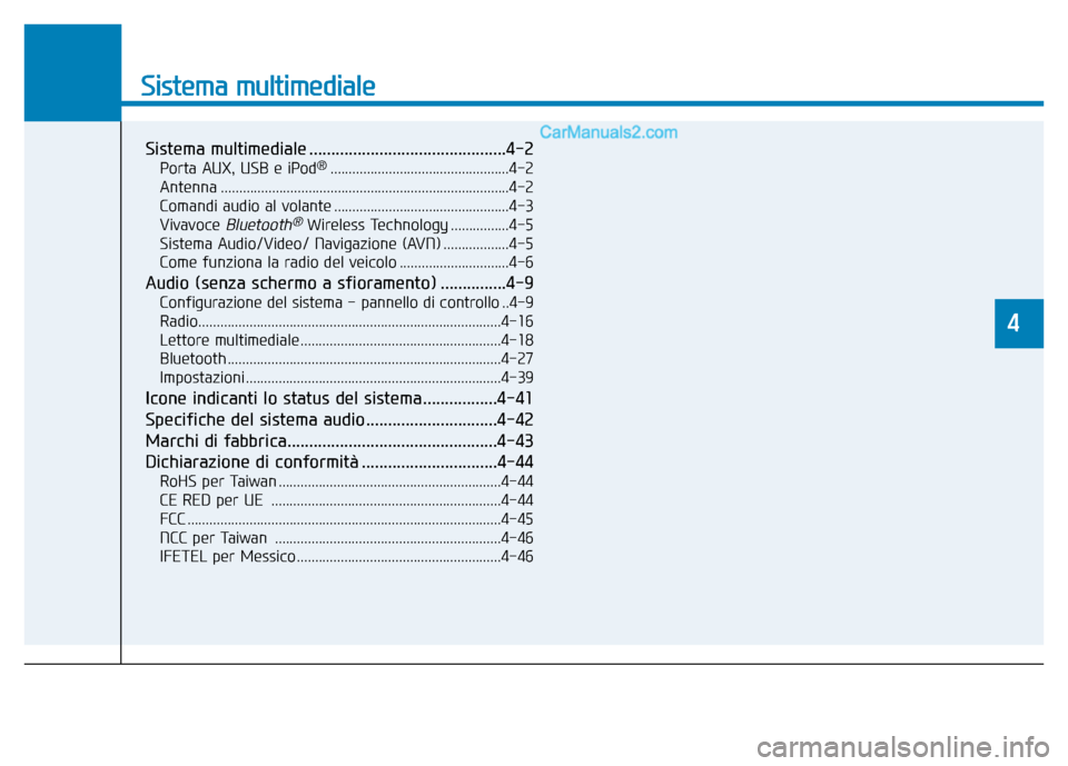 Hyundai Santa Fe 2019  Manuale del proprietario (in Italian) Sistema multimediale
Sistema multimediale .............................................4-2
Porta AUX, USB e iPod®.................................................4-2
Antenna .........................