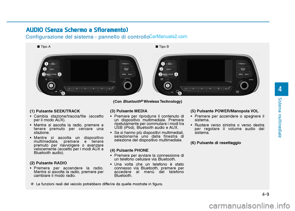 Hyundai Santa Fe 2019 Manuale del proprietario (in Italian) 4-9
Sistema multimediale
4
Configurazione del sistema - pannello di controllo
(Con Bluetooth®Wireless Technology)
❈ Le funzioni reali del veicolo potrebbero differire da quelle mostrate in figura.
Hyundai Santa Fe 2019 Manuale del proprietario (in Italian) 4-9
Sistema multimediale
4
Configurazione del sistema - pannello di controllo
(Con Bluetooth®Wireless Technology)
❈ Le funzioni reali del veicolo potrebbero differire da quelle mostrate in figura.
