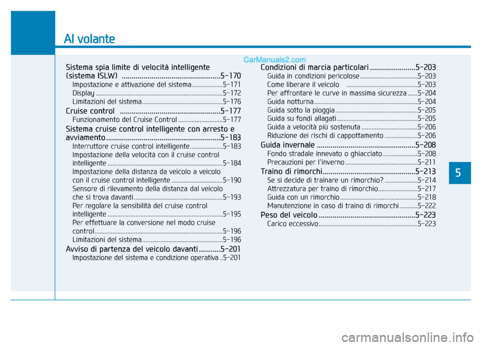 Hyundai Santa Fe 2019  Manuale del proprietario (in Italian) Al volante
Sistema spia limite di velocità intelligente 
(sistema ISLW) ..................................................5-170
Impostazione e attivazione del sistema...................5-171
Display 