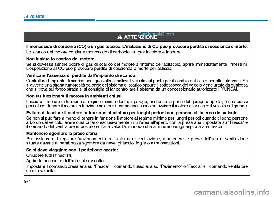 Hyundai Santa Fe 2019  Manuale del proprietario (in Italian) 5-4
Al volanteIl monossido di carbonio (CO) è un gas tossico. Linalazione di CO può provocare perdita di coscienza e morte.
Lo scarico del motore contiene monossido di carbonio, un gas incolore e i