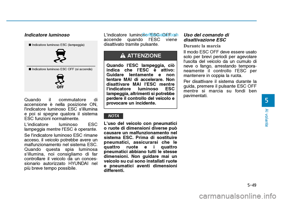 Hyundai Santa Fe 2019 Manuale del proprietario (in Italian) 5-49
Al volante
Indicatore luminoso
Quando il commutatore di
accensione è nella posizione ON,
lindicatore luminoso ESC sillumina
e poi si spegne qualora il sistema
ESC funzioni normalmente.
Lindic Hyundai Santa Fe 2019 Manuale del proprietario (in Italian) 5-49
Al volante
Indicatore luminoso
Quando il commutatore di
accensione è nella posizione ON,
lindicatore luminoso ESC sillumina
e poi si spegne qualora il sistema
ESC funzioni normalmente.
Lindic