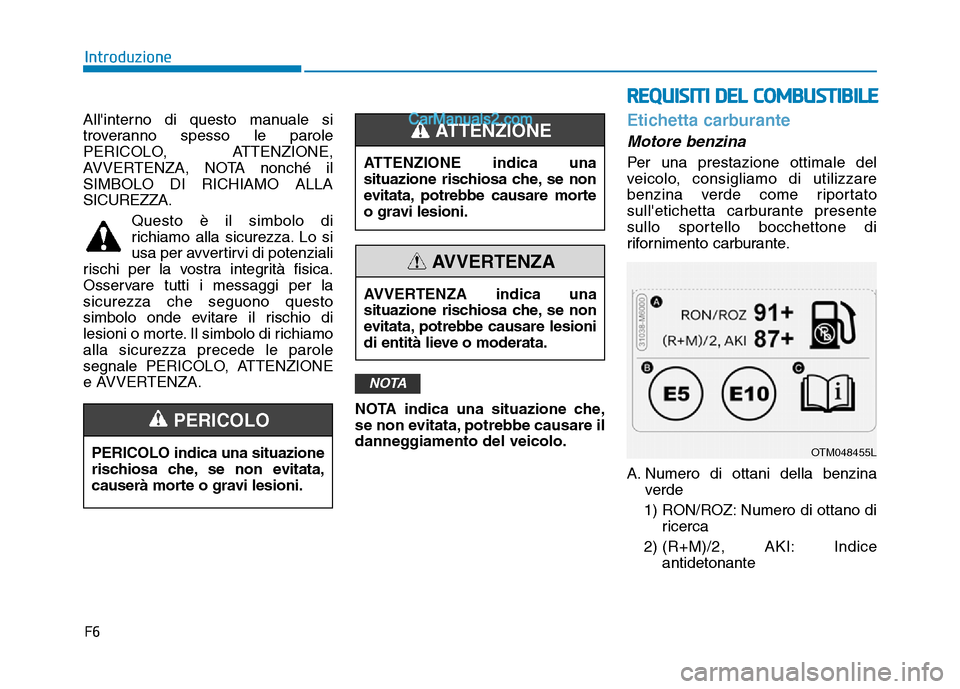 Hyundai Santa Fe 2019 Manuale del proprietario (in Italian) F6
Introduzione
Allinterno di questo manuale si
troveranno spesso le parole
PERICOLO, ATTENZIONE,
AVVERTENZA, NOTA nonché il
SIMBOLO DI RICHIAMO ALLA
SICUREZZA. Questo è il simbolo di
richiamo alla Hyundai Santa Fe 2019 Manuale del proprietario (in Italian) F6
Introduzione
Allinterno di questo manuale si
troveranno spesso le parole
PERICOLO, ATTENZIONE,
AVVERTENZA, NOTA nonché il
SIMBOLO DI RICHIAMO ALLA
SICUREZZA. Questo è il simbolo di
richiamo alla