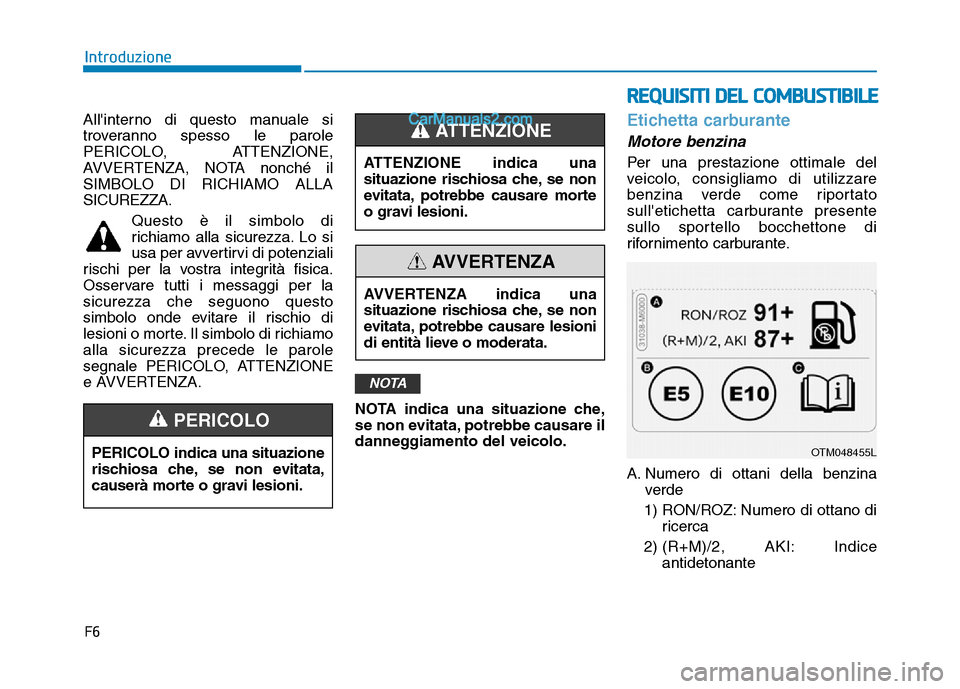 Hyundai Santa Fe 2019  Manuale del proprietario (in Italian) F6
Introduzione
Allinterno di questo manuale si
troveranno spesso le parole
PERICOLO, ATTENZIONE,
AVVERTENZA, NOTA nonché il
SIMBOLO DI RICHIAMO ALLA
SICUREZZA. Questo è il simbolo di
richiamo alla