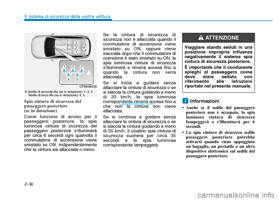 Hyundai Santa Fe 2019 Manuale del proprietario (in Italian) 2-30
Il sistema di sicurezza della vostra vettura
Spia cintura di sicurezza del
passeggero posteriore
(se in dotazione)
Come funzione di avviso per il
passeggero posteriore, la spia
luminosa cintura Hyundai Santa Fe 2019 Manuale del proprietario (in Italian) 2-30
Il sistema di sicurezza della vostra vettura
Spia cintura di sicurezza del
passeggero posteriore
(se in dotazione)
Come funzione di avviso per il
passeggero posteriore, la spia
luminosa cintura