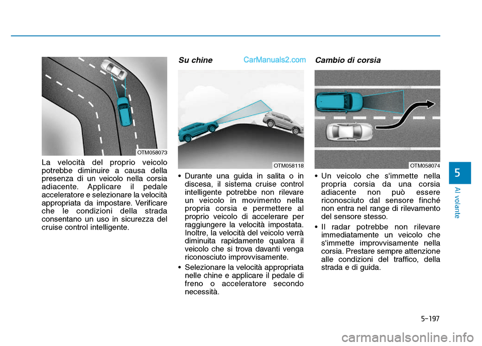 Hyundai Santa Fe 2019 Manuale del proprietario (in Italian) 5-197
Al volante
La velocità del proprio veicolo
potrebbe diminuire a causa della
presenza di un veicolo nella corsia
adiacente. Applicare il pedale
acceleratore e selezionare la velocità
appropriat Hyundai Santa Fe 2019 Manuale del proprietario (in Italian) 5-197
Al volante
La velocità del proprio veicolo
potrebbe diminuire a causa della
presenza di un veicolo nella corsia
adiacente. Applicare il pedale
acceleratore e selezionare la velocità
appropriat