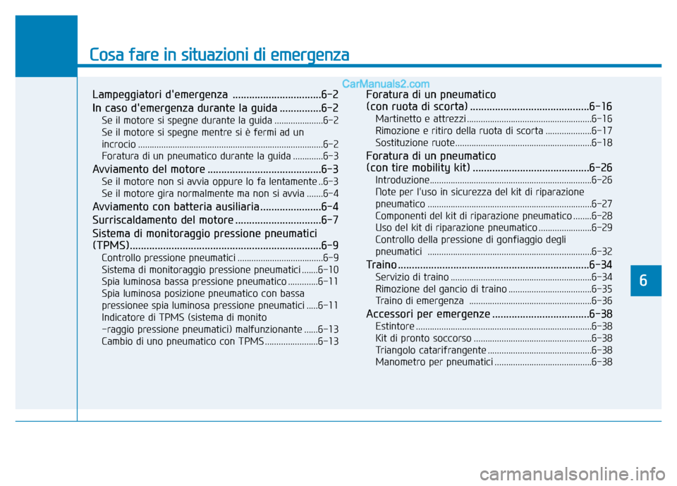 Hyundai Santa Fe 2019 Manuale del proprietario (in Italian) Cosa fare in situazioni di emergenza
Lampeggiatori demergenza ................................6-2
In caso demergenza durante la guida ...............6-2
Se il motore si spegne durante la guida .... Hyundai Santa Fe 2019 Manuale del proprietario (in Italian) Cosa fare in situazioni di emergenza
Lampeggiatori demergenza ................................6-2
In caso demergenza durante la guida ...............6-2
Se il motore si spegne durante la guida ....