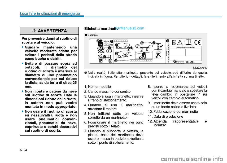 Hyundai Santa Fe 2019  Manuale del proprietario (in Italian) 6-24
Cosa fare in situazioni di emergenzaPer prevenire danni al ruotino di
scorta e al veicolo:
•Guidare mantenendo una
velocità moderata adatta per
evitare i pericoli della strada
come buche o det