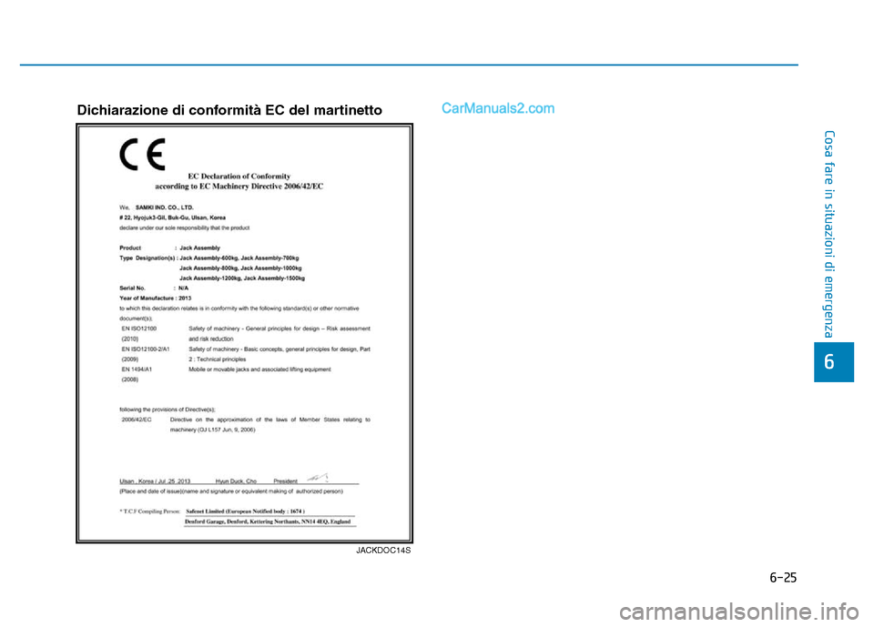 Hyundai Santa Fe 2019  Manuale del proprietario (in Italian) 6-25
Cosa fare in situazioni di emergenza
6
Dichiarazione di conformità EC del martinetto 
JACKDOC14S  