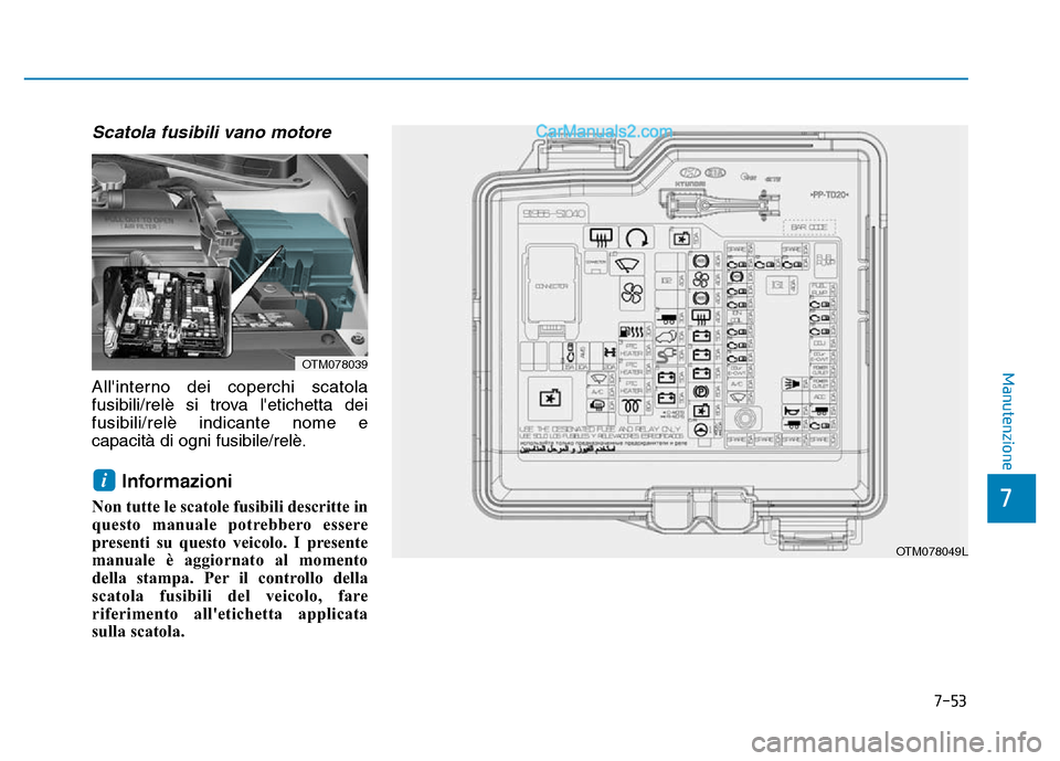 Hyundai Santa Fe 2019 Manuale del proprietario (in Italian) 7-53
7
Manutenzione
Scatola fusibili vano motore
Allinterno dei coperchi scatola
fusibili/relè si trova letichetta dei
fusibili/relè indicante nome e
capacità di ogni fusibile/relè.
Informazioni Hyundai Santa Fe 2019 Manuale del proprietario (in Italian) 7-53
7
Manutenzione
Scatola fusibili vano motore
Allinterno dei coperchi scatola
fusibili/relè si trova letichetta dei
fusibili/relè indicante nome e
capacità di ogni fusibile/relè.
Informazioni