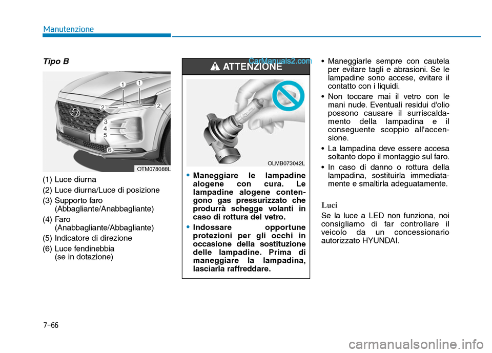 Hyundai Santa Fe 2019  Manuale del proprietario (in Italian) 7-66
Manutenzione
Tipo B
(1) Luce diurna
(2) Luce diurna/Luce di posizione
(3) Supporto faro(Abbagliante/Anabbagliante)
(4) Faro (Anabbagliante/Abbagliante)
(5) Indicatore di direzione
(6) Luce fendin
