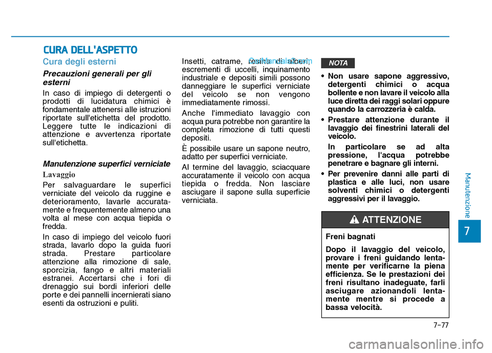 Hyundai Santa Fe 2019  Manuale del proprietario (in Italian) 7-77
7
Manutenzione
CURA DELLASPETTO
Cura degli esterni
Precauzioni generali per gliesterni 
In caso di impiego di detergenti o
prodotti di lucidatura chimici è
fondamentale attenersi alle istruzion