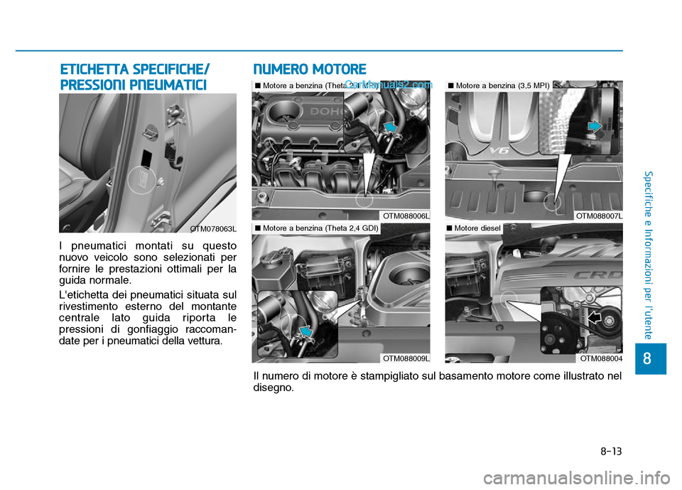 Hyundai Santa Fe 2019 Manuale del proprietario (in Italian) 8-13
8
Specifiche e Informazioni per lutente
I pneumatici montati su questo
nuovo veicolo sono selezionati per
fornire le prestazioni ottimali per la
guida normale.
Letichetta dei pneumatici situata Hyundai Santa Fe 2019 Manuale del proprietario (in Italian) 8-13
8
Specifiche e Informazioni per lutente
I pneumatici montati su questo
nuovo veicolo sono selezionati per
fornire le prestazioni ottimali per la
guida normale.
Letichetta dei pneumatici situata