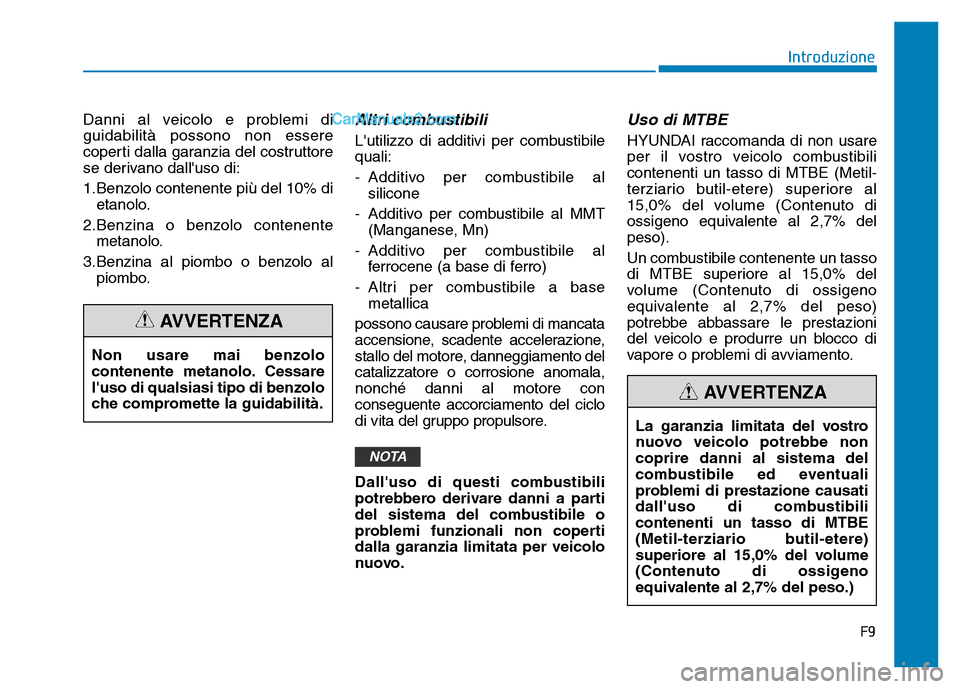 Hyundai Santa Fe 2019 Manuale del proprietario (in Italian) F9
Introduzione
Danni al veicolo e problemi di
guidabilità possono non essere
coperti dalla garanzia del costruttore
se derivano dalluso di:
1.Benzolo contenente più del 10% di etanolo.
2.Benzina o Hyundai Santa Fe 2019 Manuale del proprietario (in Italian) F9
Introduzione
Danni al veicolo e problemi di
guidabilità possono non essere
coperti dalla garanzia del costruttore
se derivano dalluso di:
1.Benzolo contenente più del 10% di etanolo.
2.Benzina o
