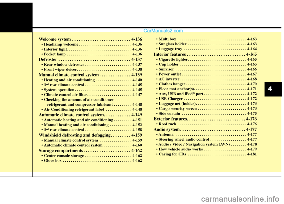 Hyundai Santa Fe 2018  Owners Manual Welcome system . . . . . . . . . . . . . . . . . . . . . . . . . . 4-136
 . . . . . . . . . . . . . . . . . . . . . . . . . . 4-136

 . . . . . . . . . . . . . . . . . . . . . . . . . . . . . . . . 4-