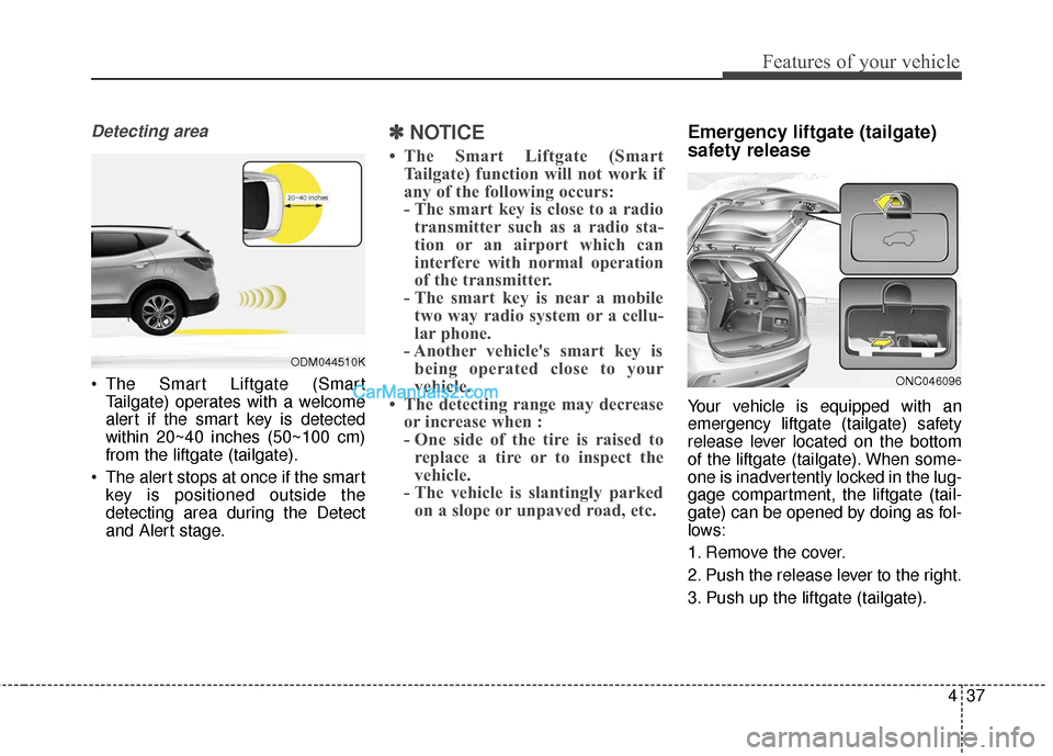 Hyundai Santa Fe 2018  Owners Manual 437
Features of your vehicle
Detecting area
 The Smart Liftgate (SmartTailgate) operates with a welcome
alert if the smart key is detected
within 20~40 inches (50~100 cm)
from the liftgate (tailgate).