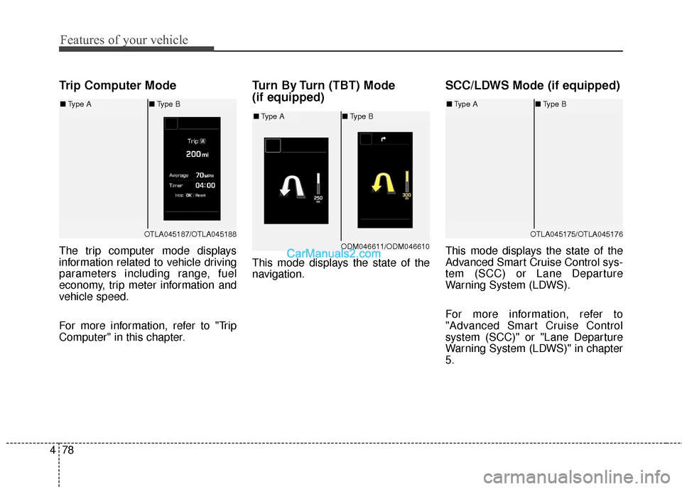 Hyundai Santa Fe 2018  Owners Manual Features of your vehicle
78
4
Trip Computer Mode
The trip computer mode displays
information related to vehicle driving
parameters including range, fuel
economy, trip meter information and
vehicle spe