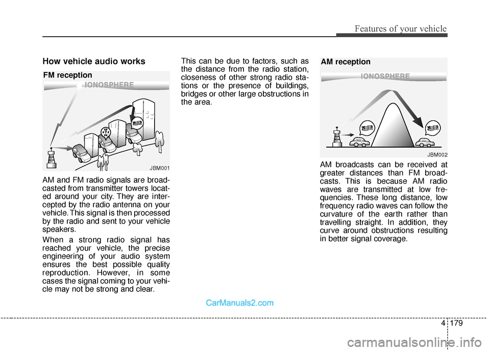 Hyundai Santa Fe 2018  Owners Manual 4179
Features of your vehicle
How vehicle audio works
AM and FM radio signals are broad-
casted from transmitter towers locat-
ed around your city. They are inter-
cepted by the radio antenna on your
