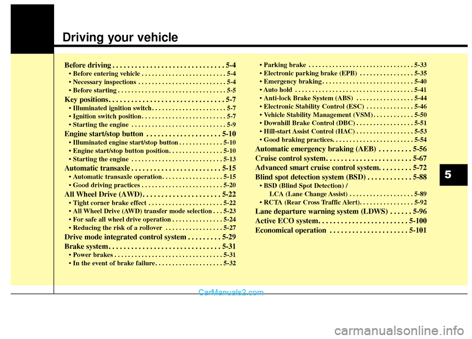 Hyundai Santa Fe 2018  Owners Manual Driving your vehicle  
Before driving . . . . . . . . . . . . . . . . . . . . . . . . . . . . . . 5-4
• Before entering vehicle . . . . . . . . . . . . . . . . . . . . . . . . . 5-4
 . . . . . . . .