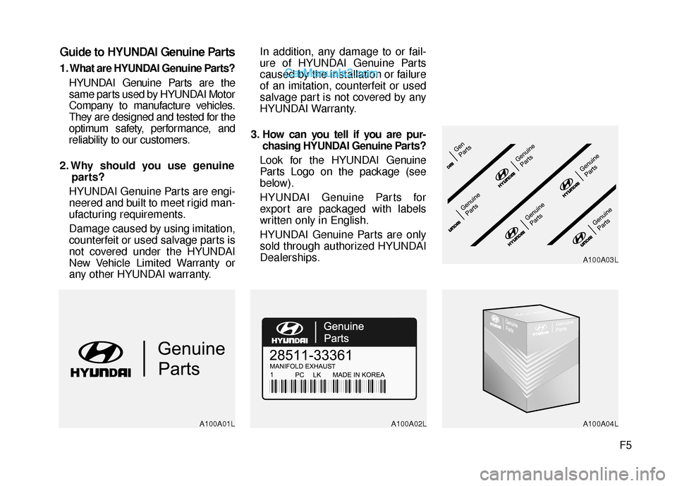 Hyundai Santa Fe 2018 Owners Manual F5
Guide to HYUNDAI Genuine Parts
1. What are HYUNDAI Genuine Parts?HYUNDAI Genuine Parts are the
same parts used by HYUNDAI Motor
Company to manufacture vehicles.
They are designed and tested for the Hyundai Santa Fe 2018 Owners Manual F5
Guide to HYUNDAI Genuine Parts
1. What are HYUNDAI Genuine Parts?HYUNDAI Genuine Parts are the
same parts used by HYUNDAI Motor
Company to manufacture vehicles.
They are designed and tested for the