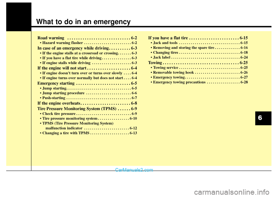 Hyundai Santa Fe 2018  Owners Manual What to do in an emergency
Road warning  . . . . . . . . . . . . . . . . . . . . . . . . . . . . . 6-2
• Hazard warning flasher . . . . . . . . . . . . . . . . . . . . . . . . 6-2
In case of an emer