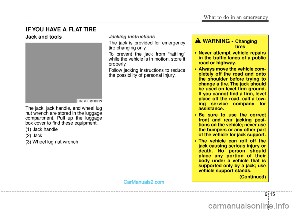 Hyundai Santa Fe 2018  Owners Manual 615
What to do in an emergency
IF YOU HAVE A FLAT TIRE
Jack and tools
The jack, jack handle, and wheel lug
nut wrench are stored in the luggage
compartment. Pull up the luggage
box cover to find these