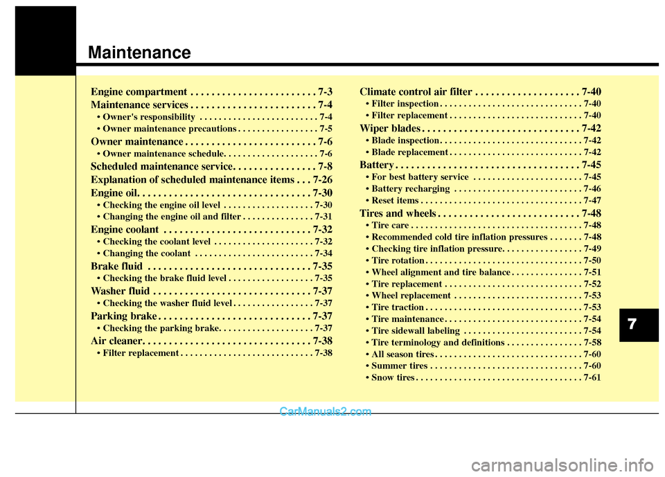 Hyundai Santa Fe 2018 Service Manual Maintenance
Engine compartment . . . . . . . . . . . . . . . . . . . . . . . . 7-3
Maintenance services . . . . . . . . . . . . . . . . . . . . . . . . 7-4
• Owners responsibility . . . . . . . . .