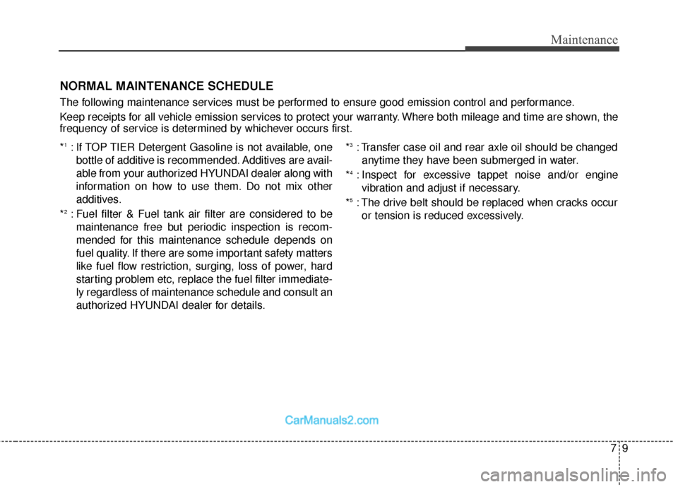 Hyundai Santa Fe 2018 Owners Manual 79
Maintenance
NORMAL MAINTENANCE SCHEDULE
The following maintenance services must be performed to ensure good emission control and performance.
Keep receipts for all vehicle emission services to prot Hyundai Santa Fe 2018 Owners Manual 79
Maintenance
NORMAL MAINTENANCE SCHEDULE
The following maintenance services must be performed to ensure good emission control and performance.
Keep receipts for all vehicle emission services to prot