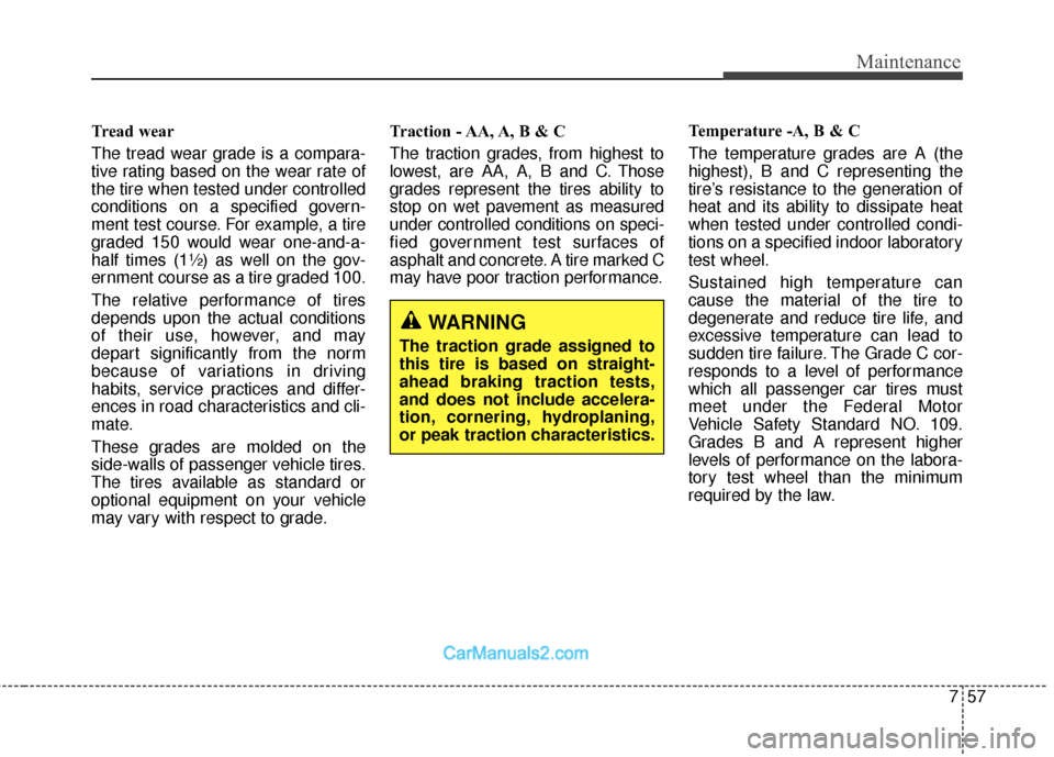 Hyundai Santa Fe 2018 Owners Manual 757
Maintenance
Tread wear
The tread wear grade is a compara-
tive rating based on the wear rate of
the tire when tested under controlled
conditions on a specified govern-
ment test course. For exampl Hyundai Santa Fe 2018 Owners Manual 757
Maintenance
Tread wear
The tread wear grade is a compara-
tive rating based on the wear rate of
the tire when tested under controlled
conditions on a specified govern-
ment test course. For exampl